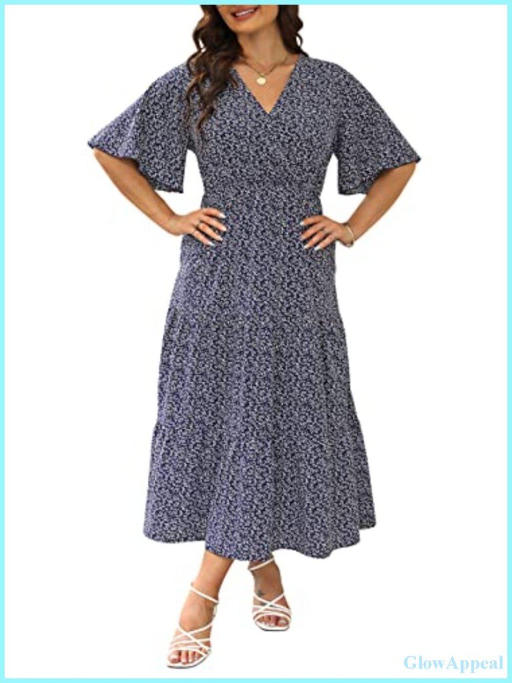 Plus Size V Neck 3/4 Sleeve Empire Waist A-Line Maxi Dress